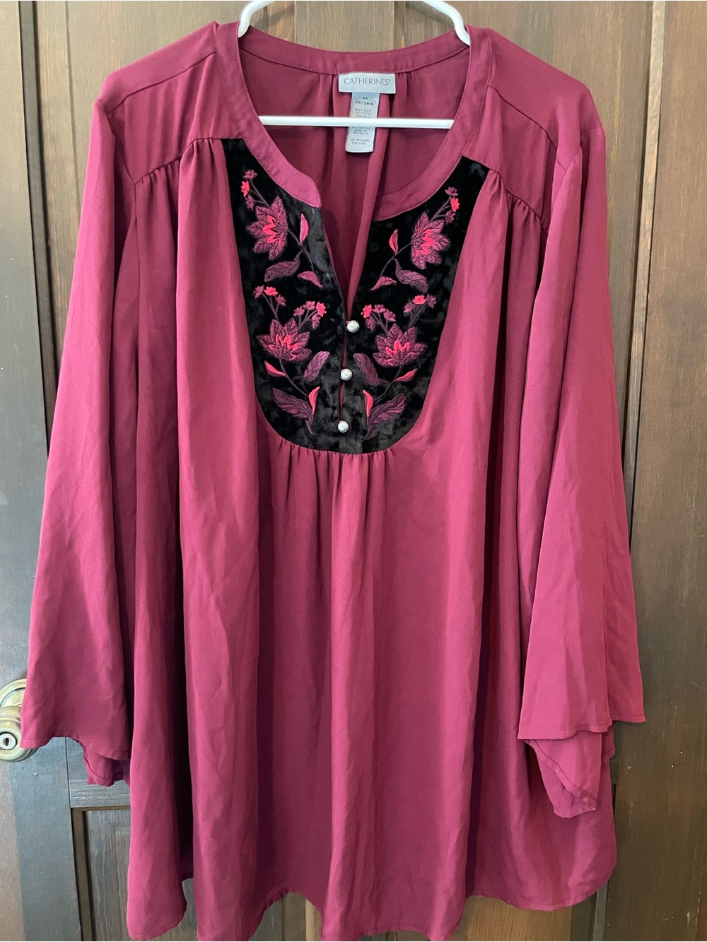 Catherines Burgundy Semi Sheer Embroidered Tunic Top